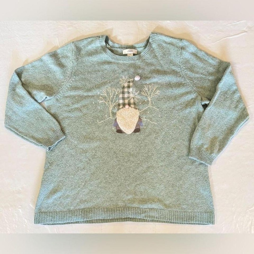 Winter Gnome Sweater Green-blue Knit Applique 1X‎ winter whimsical snow teacher